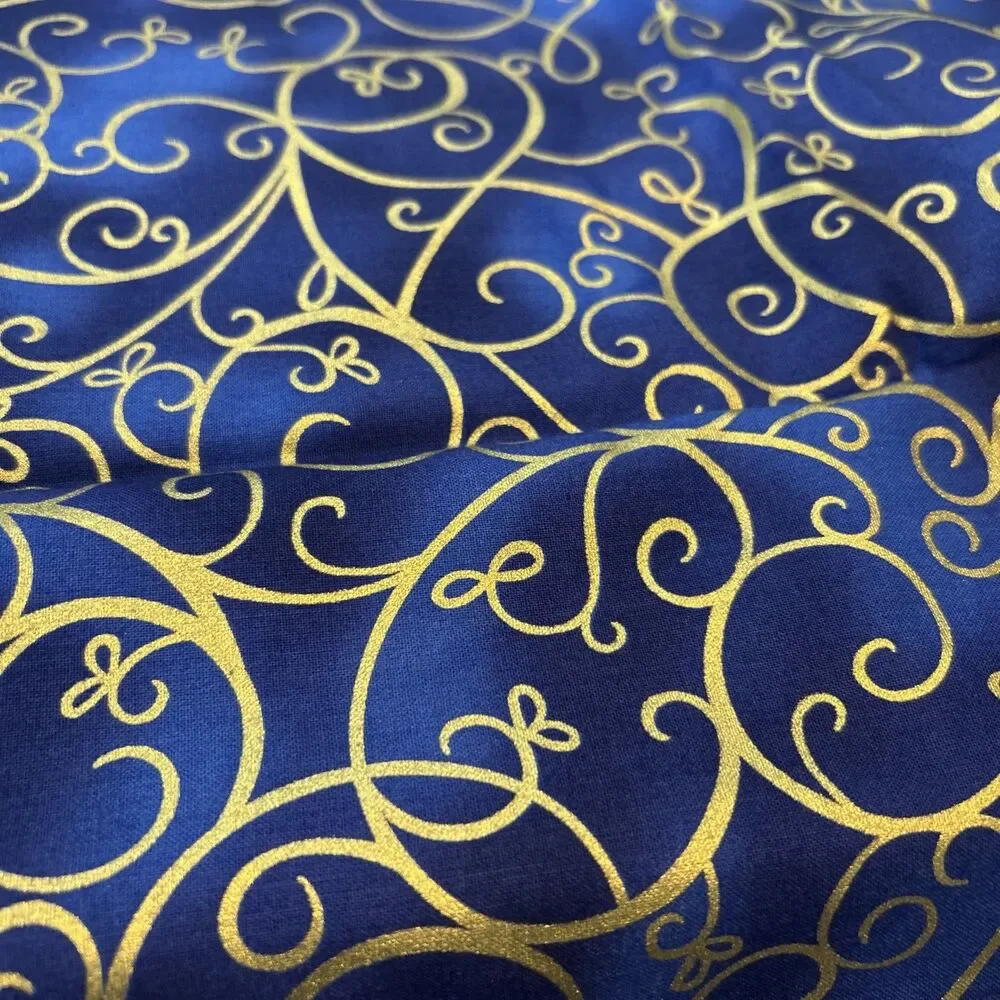 Timeless Treasures Blue & Gold Shimmer Scroll Cotton Quilting Fabric 37